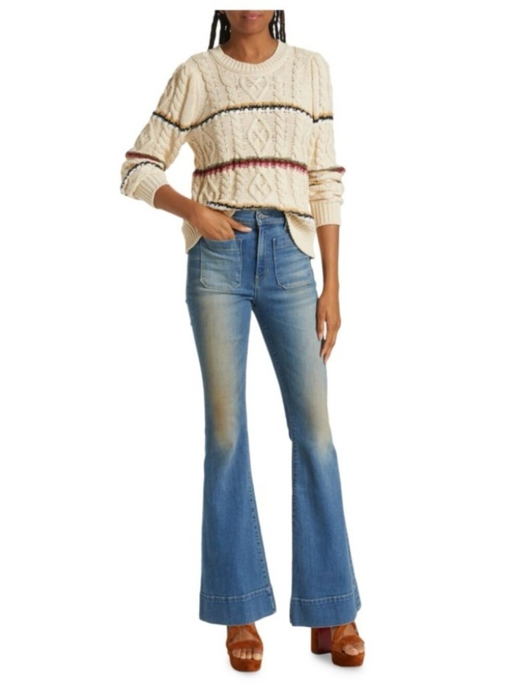 VERONICA BEARD Bruna striped cable-knit cotton-blend sweater in Ecru size medium